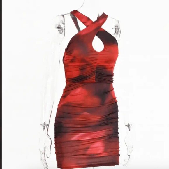 Oh Polly Out Of This World Red Orange Ombré Ruched Bodycon Mini Dress 4 NEW Tags - Picture 8 of 12